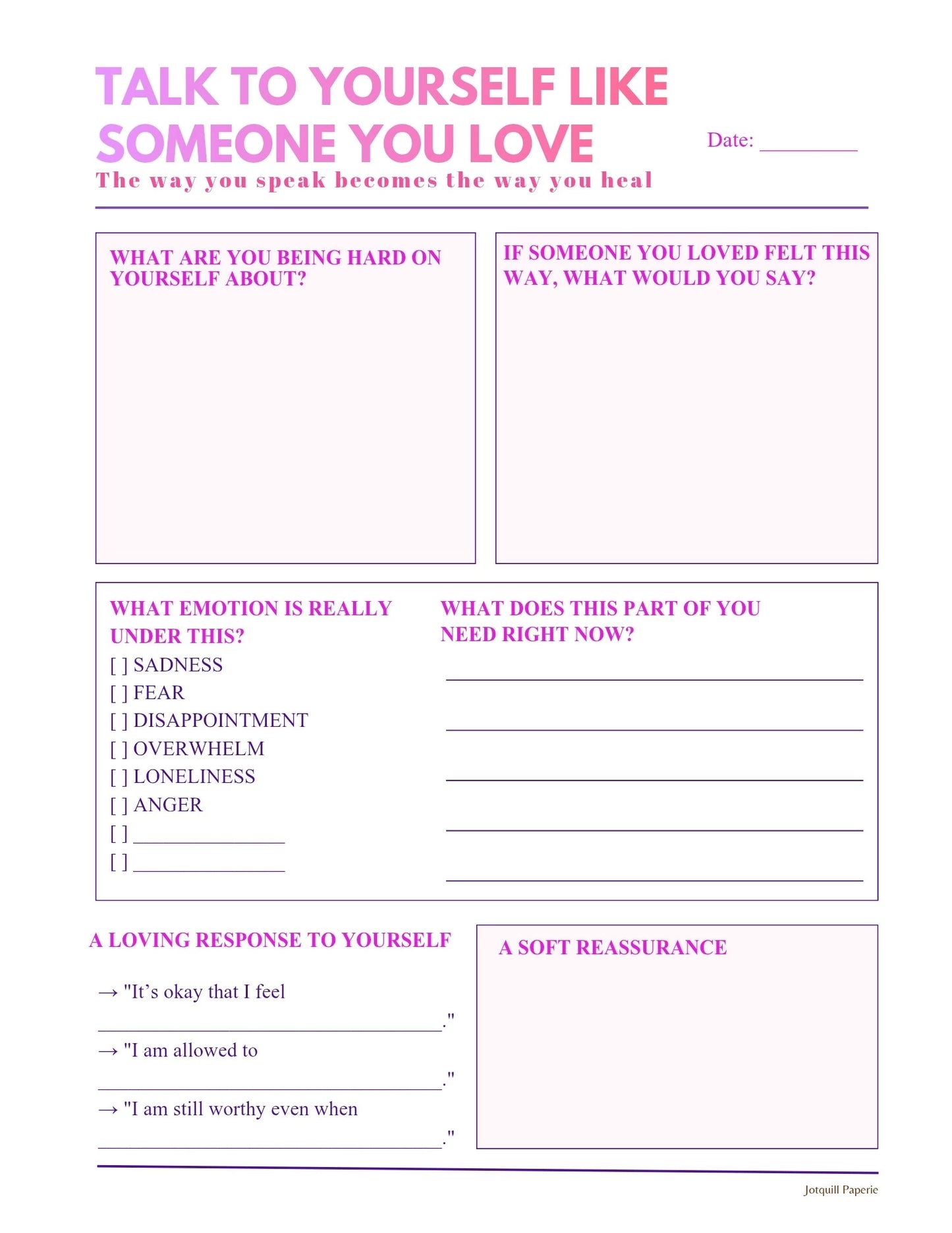 Talk to Yourself Like Someone You Love β Self-Compassion Printable journaling Worksheet
