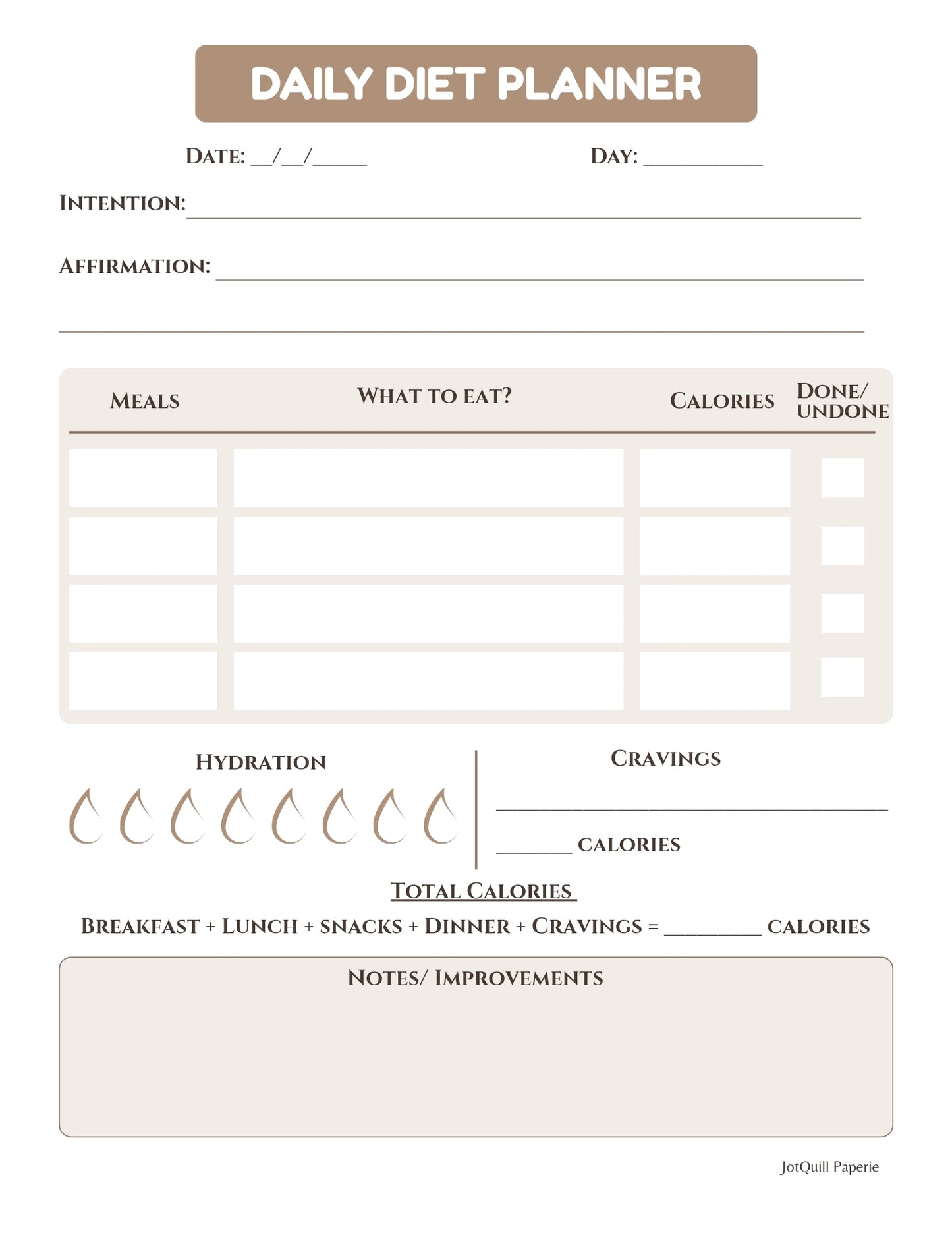 Daily Diet Planner Printable | Wellness, Weight Loss & Healthy Eating Tracker