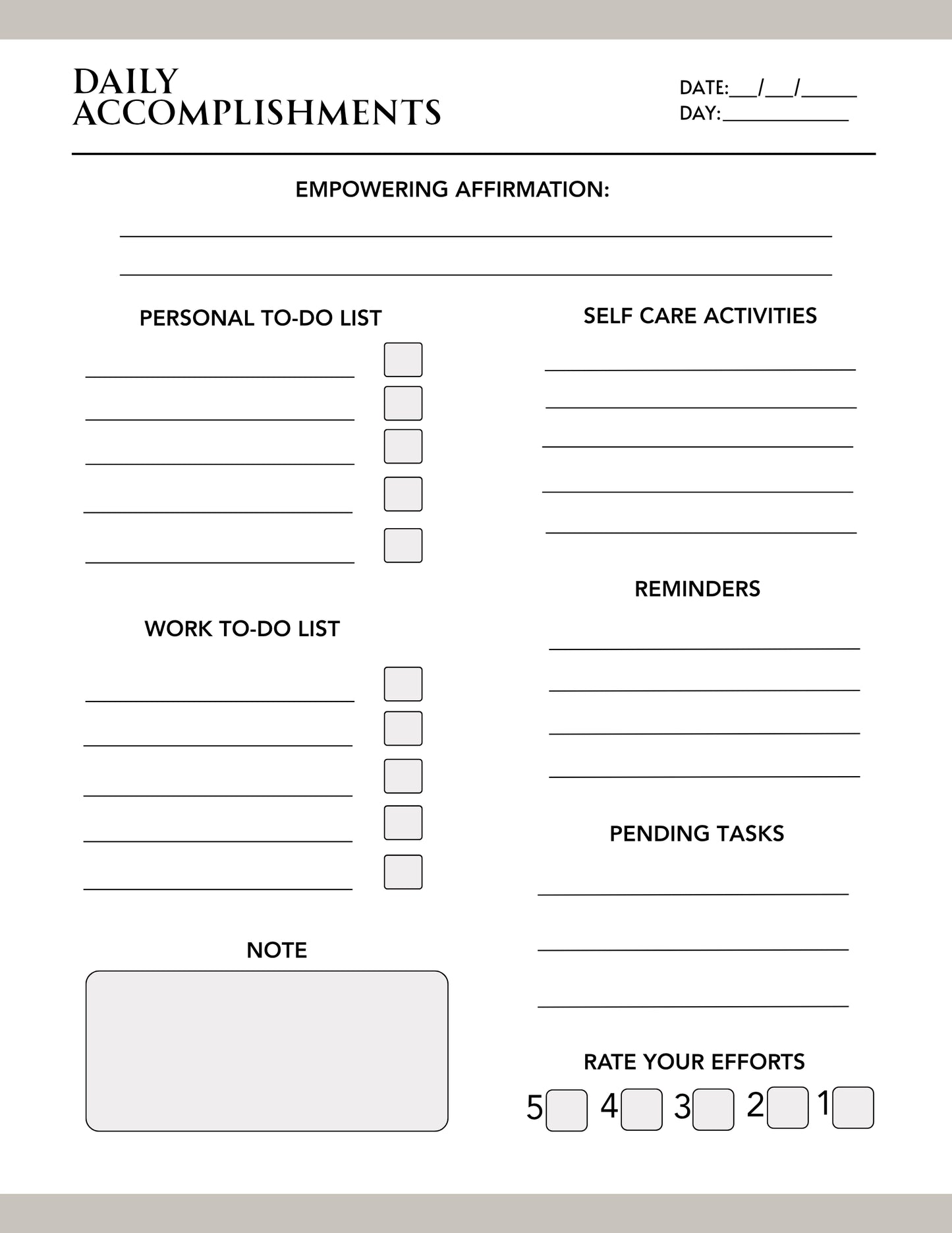 Daily Accomplishments Planner | Productivity, Reflection and Effort Rating Printable