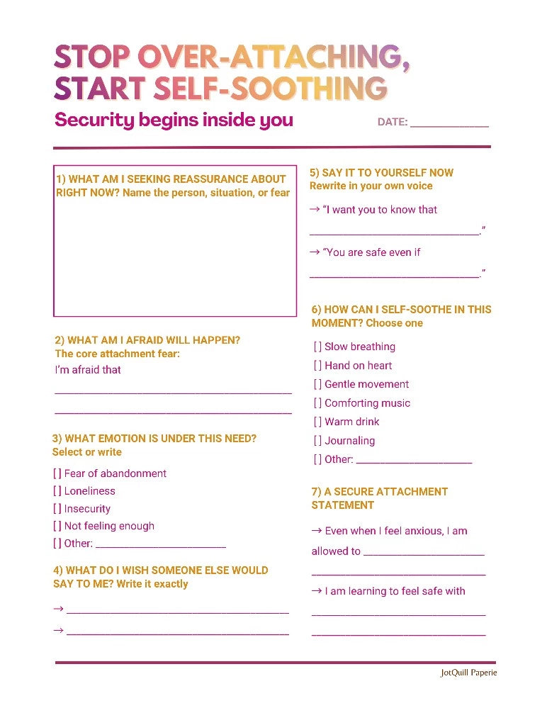 Anxious Attachment Self-Soothing Worksheet printable