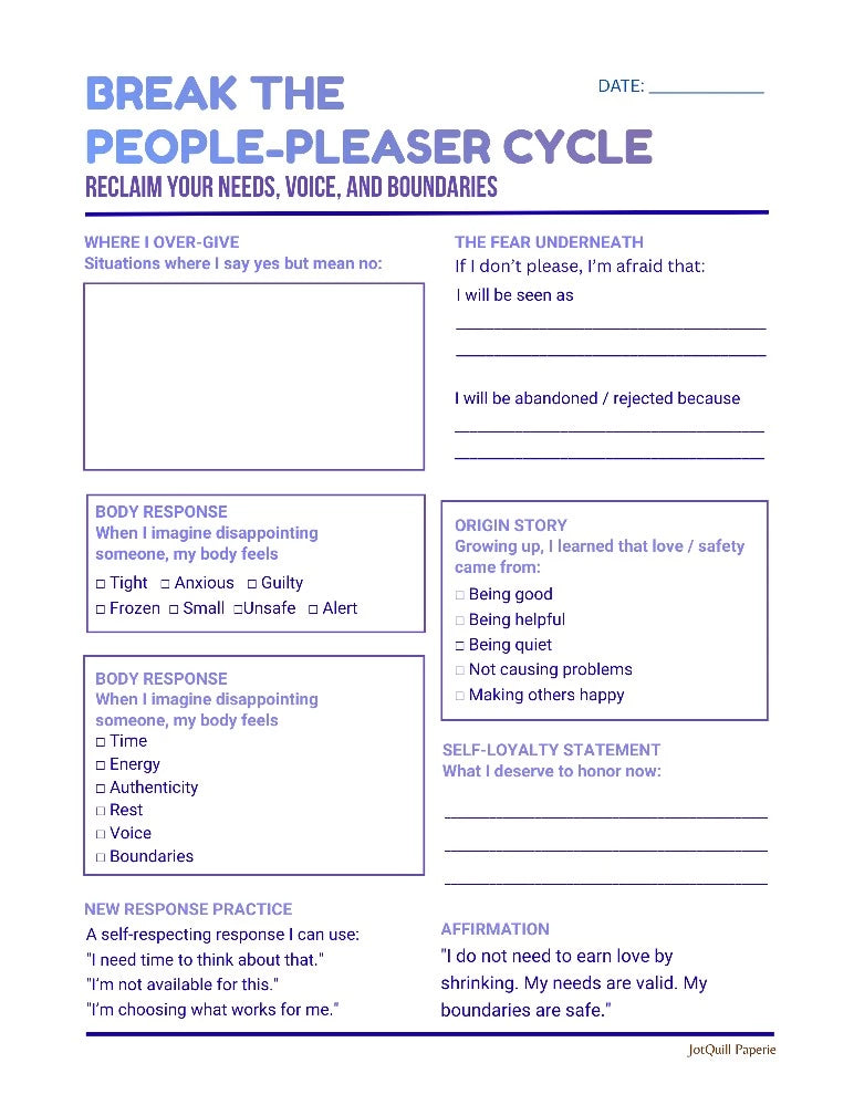 People Pleasing Recovery Worksheet Printable | Boundaries & Self-Worth Healing Tool