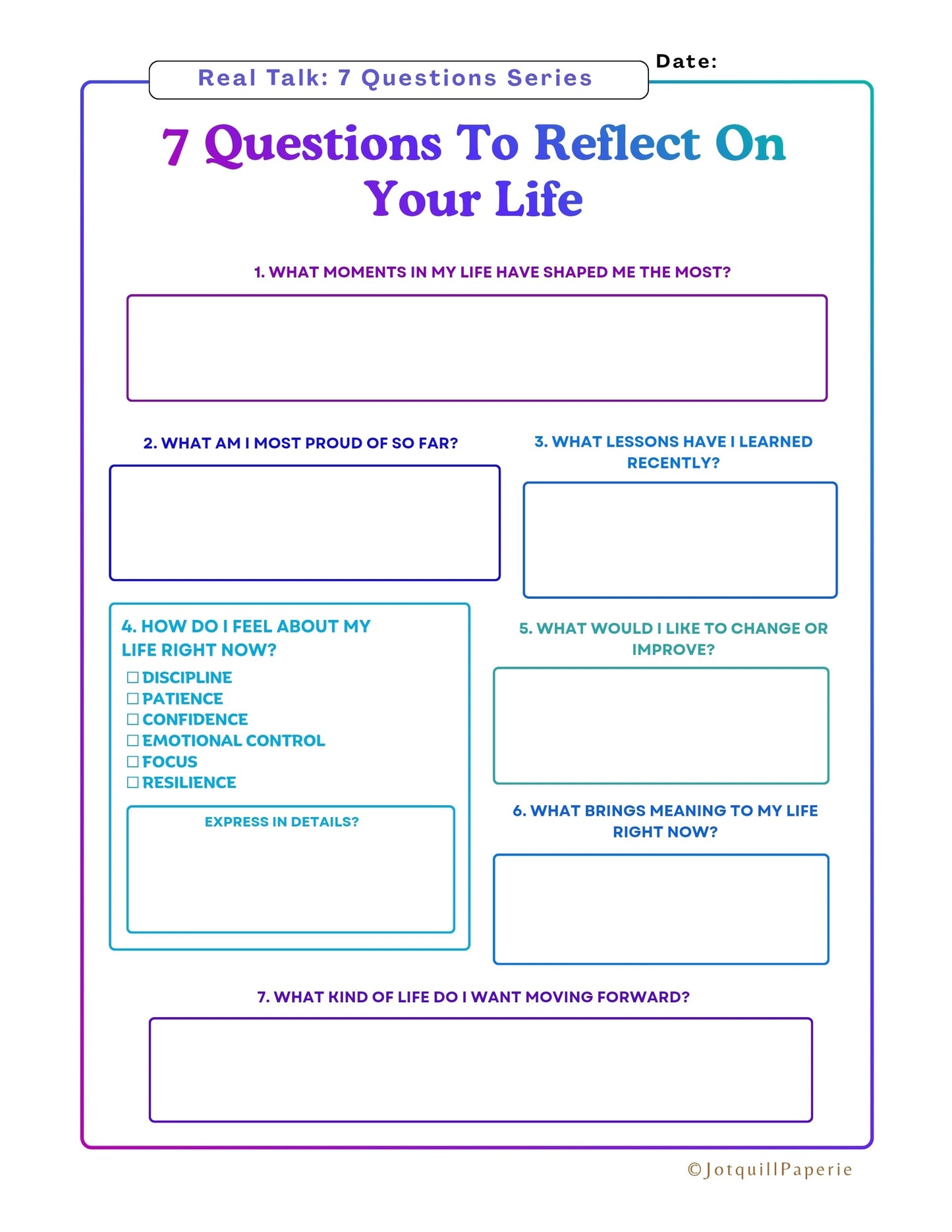7 Questions to Reflect On Your Life Printable Worksheet | Self Reflection Journal