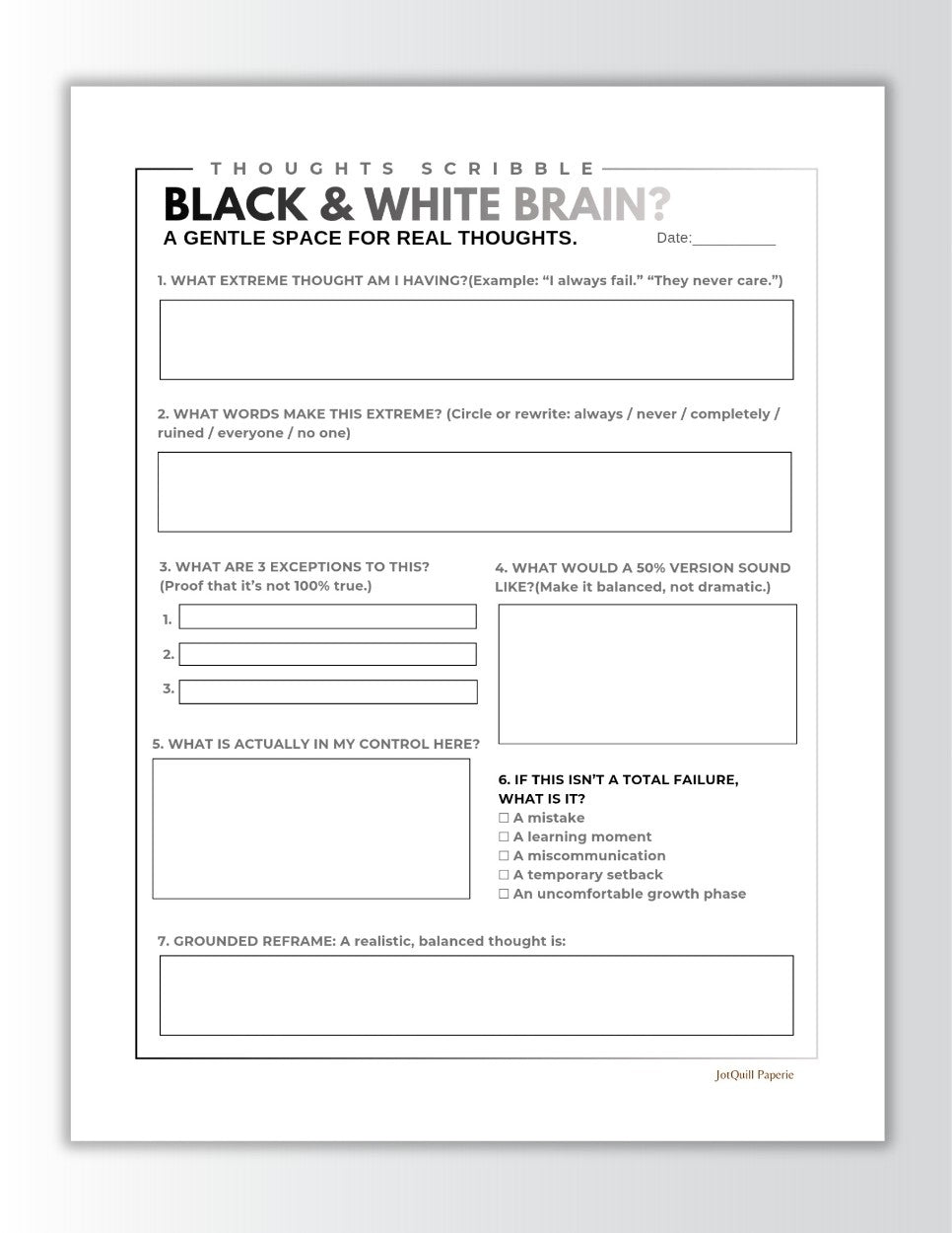 Black & White Thinking Worksheet | CBT Cognitive Distortion Printable | All-or-Nothing Thinking Journal