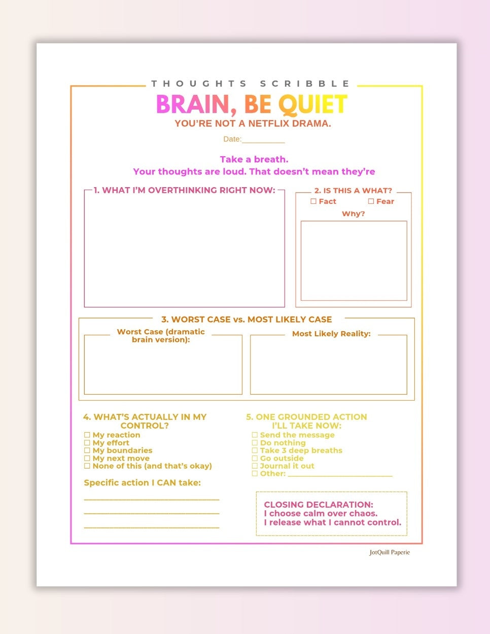 Brain Be Quiet Printable | Calm My Thoughts Worksheet