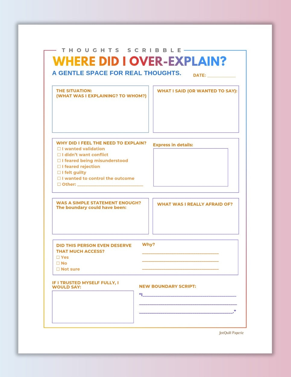 Over-Explaining Reflection Worksheet for Boundary Setting