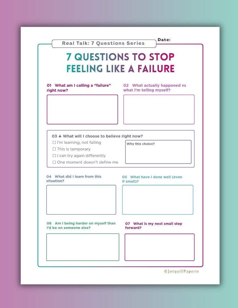 7 Questions to Stop Feeling Like a Failure Printable | Self Reflection Worksheet | Mental Health Journal