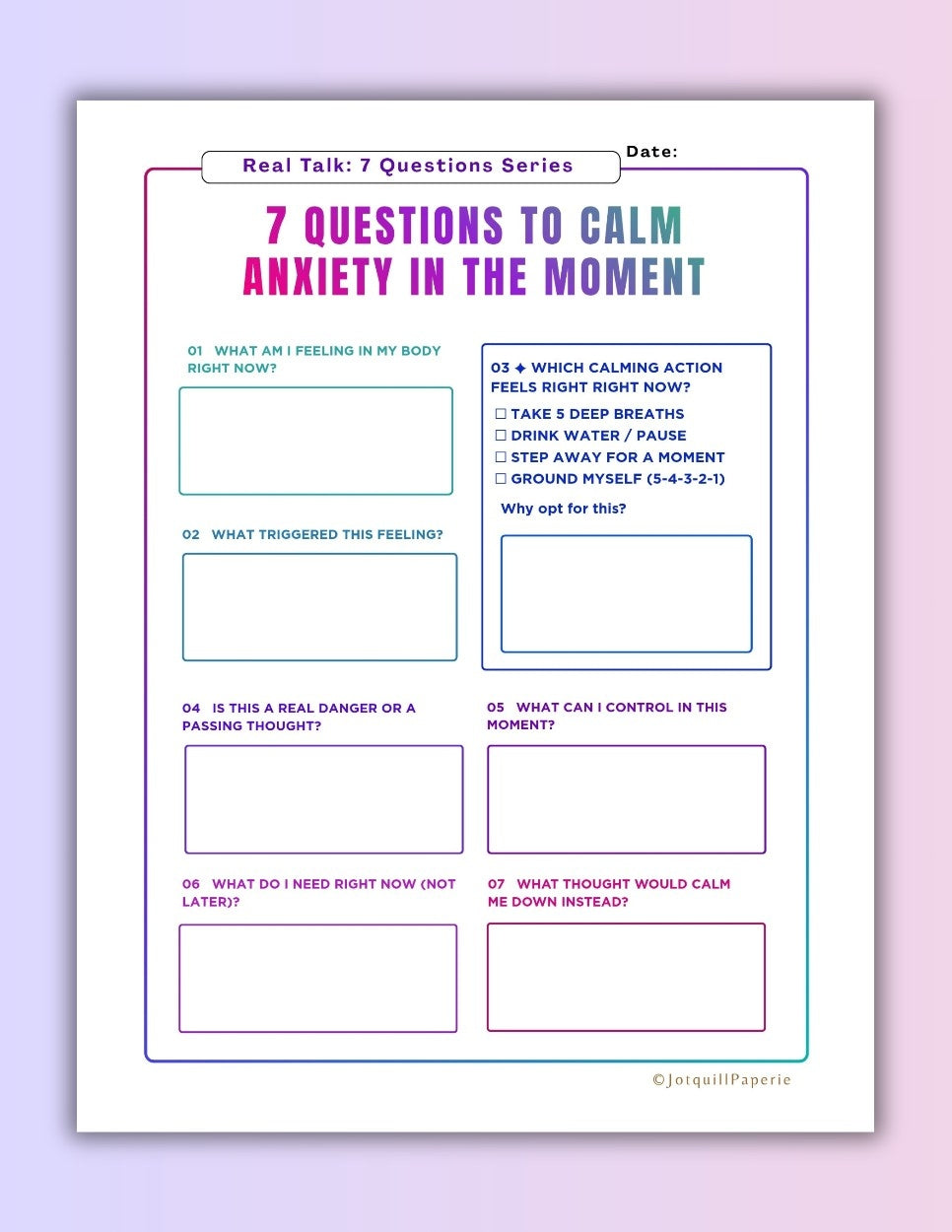 7 Questions to Calm Anxiety in the Moment: Calm Down Worksheet | Grounding Exercise PDF (5-4-3-2-1) printable