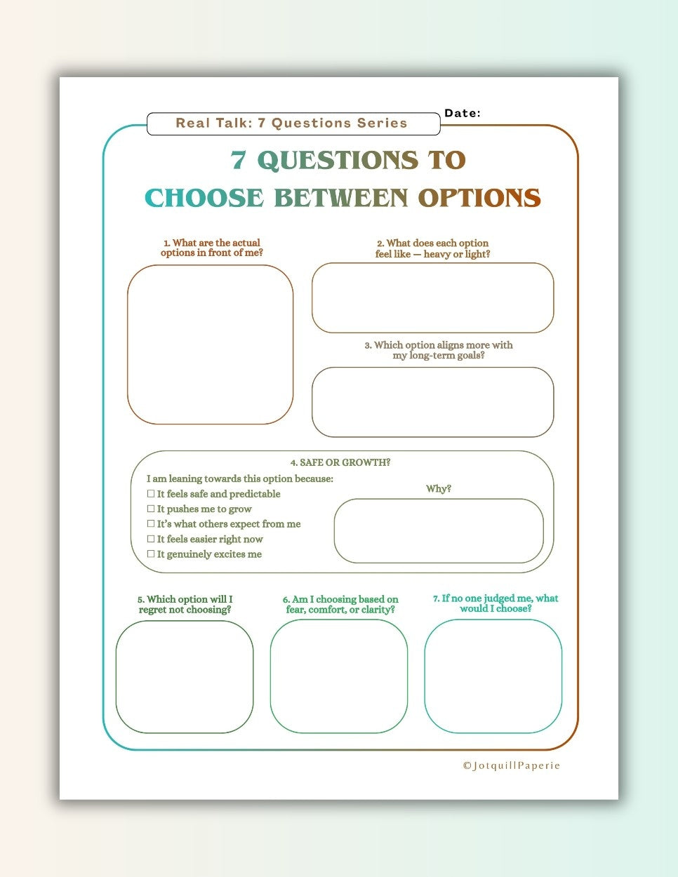Seven Questions to Choose Between Options- Decision Making Worksheet Printable | Life Choices Clarity Journal