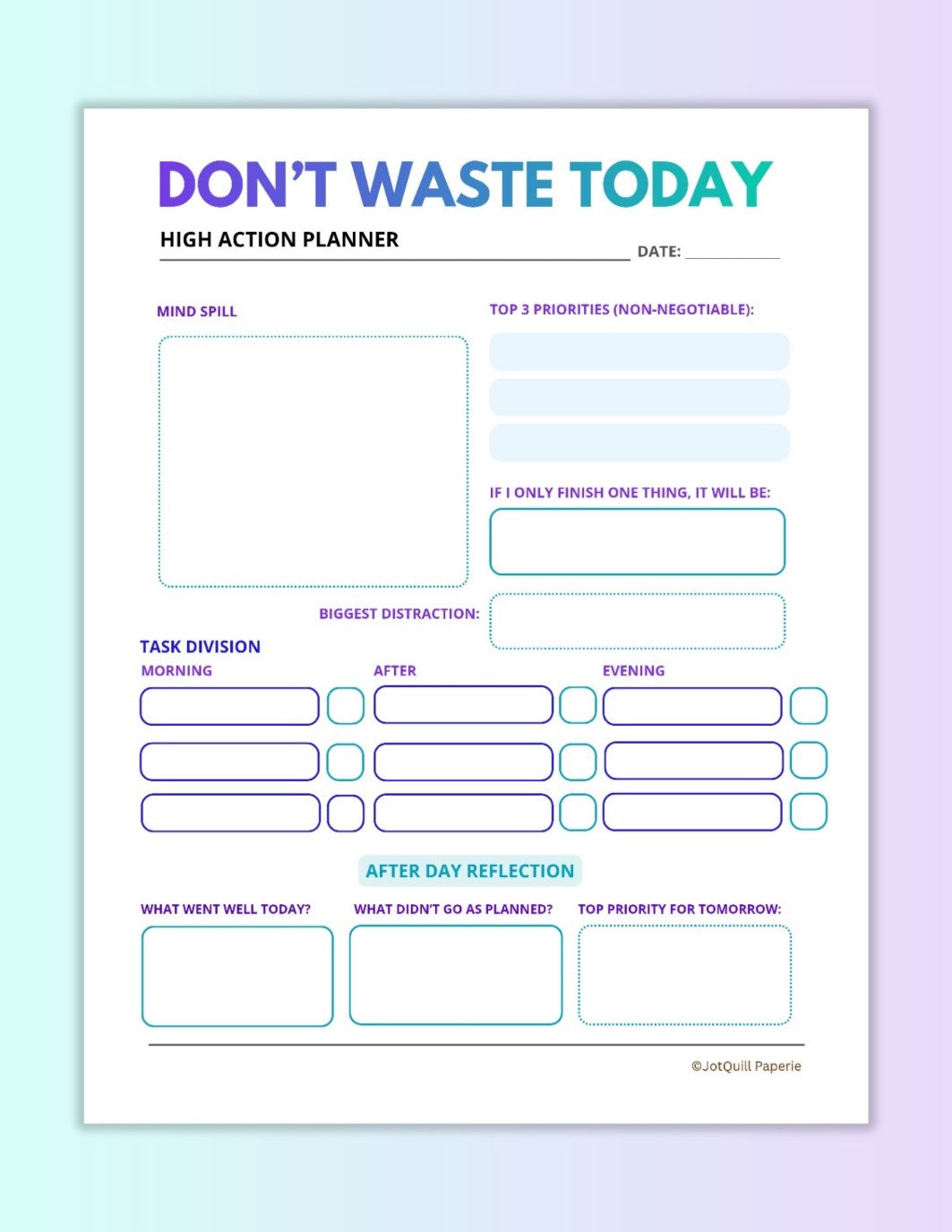 DON’T WASTE TODAY (High Action Daily Productivity Planner) | Goal Setting Worksheet | Time Blocking Printable