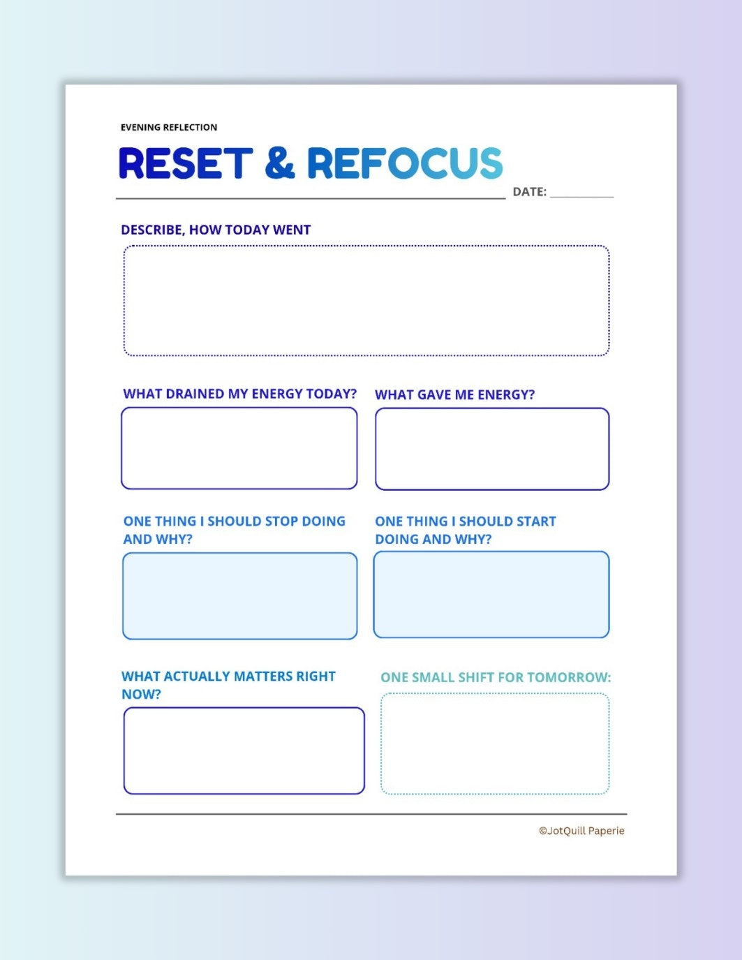 Reset & Refocus Evening Reflection Printable | Daily Self Reflection Worksheet | Productivity & Mindset Planner PDF
