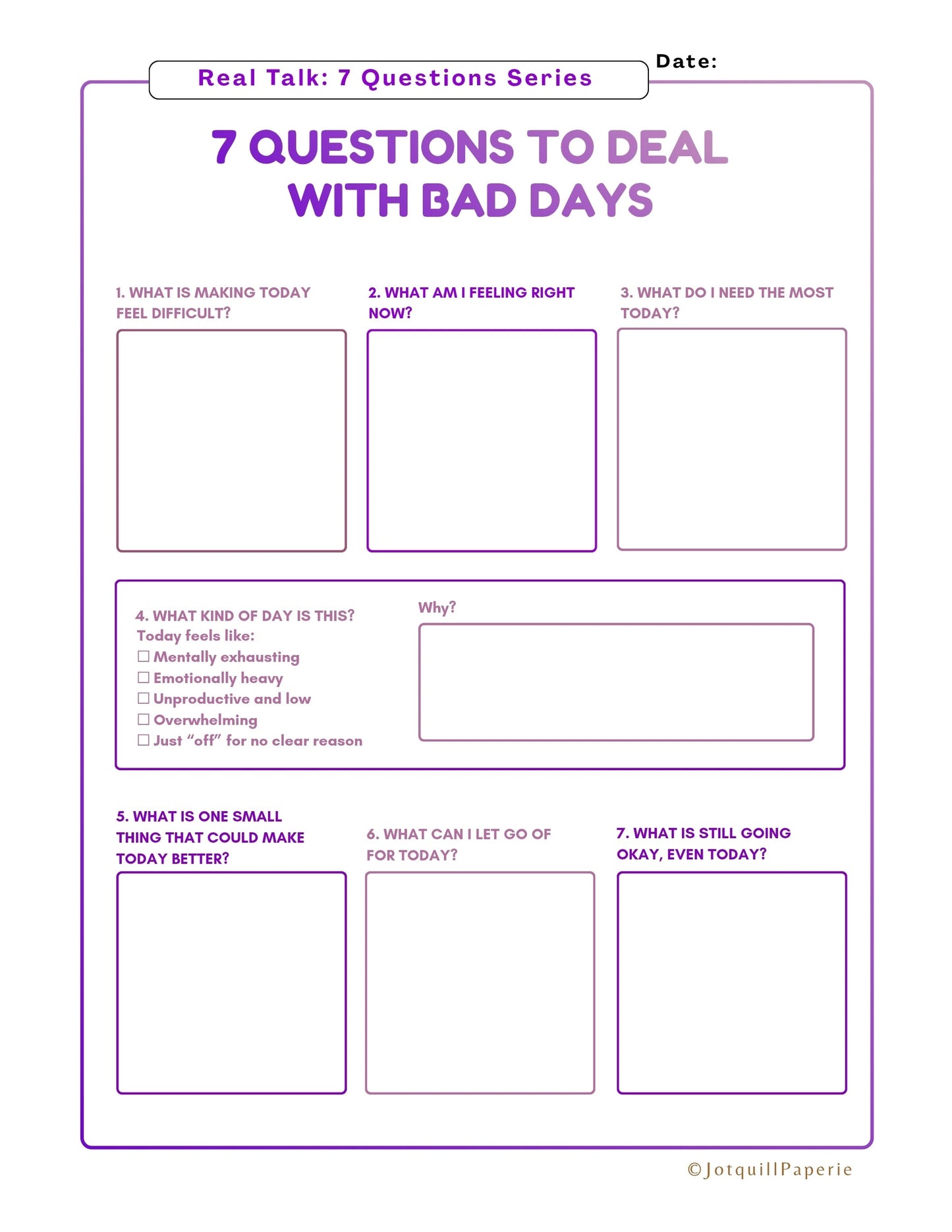 Seven Questions to Deal With Bad Days Worksheet Printable | Mental Health Journal