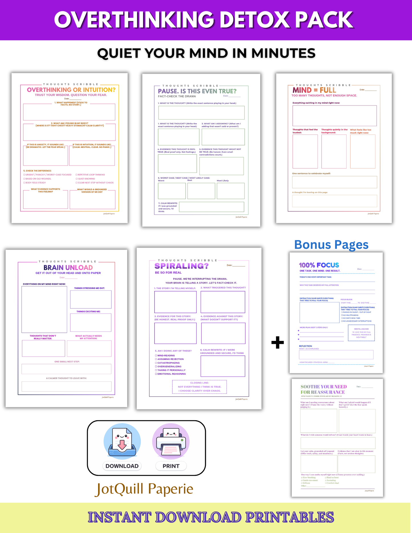 Overthinking Detox Pack Printable | Stop Overthinking Journal | Anxiety Relief Worksheets