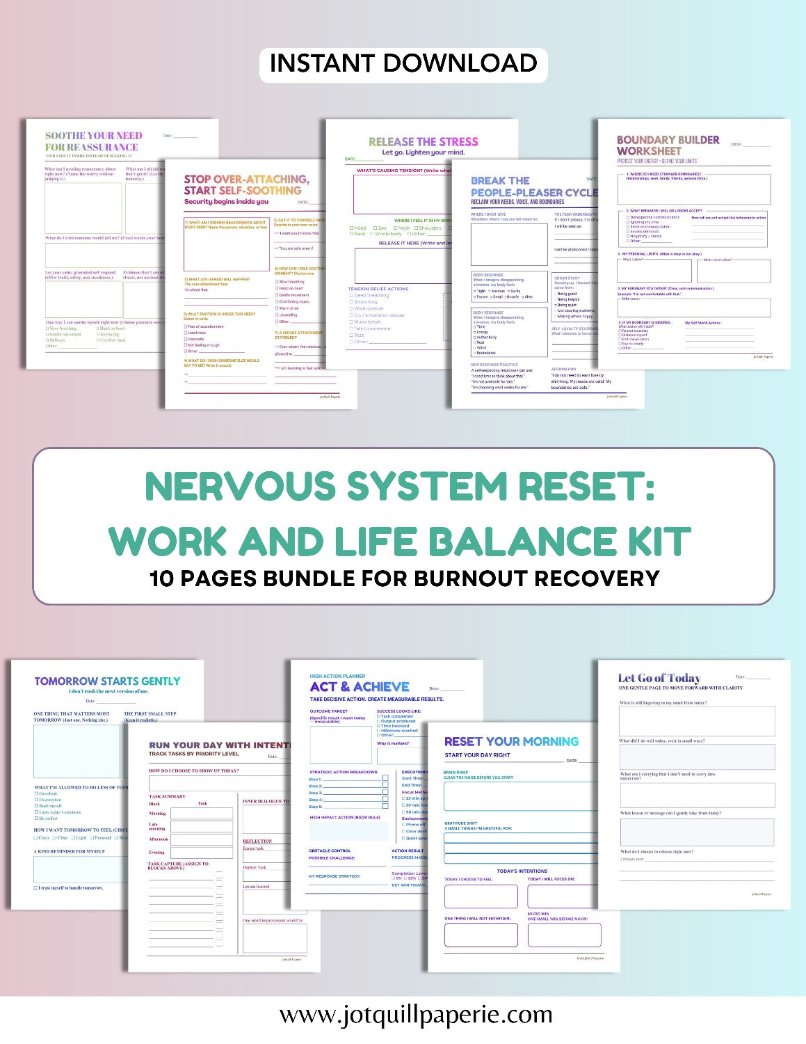 Nervous System Reset & Burnout Recovery Kit | 10-Page Work and Life Balance Bundle