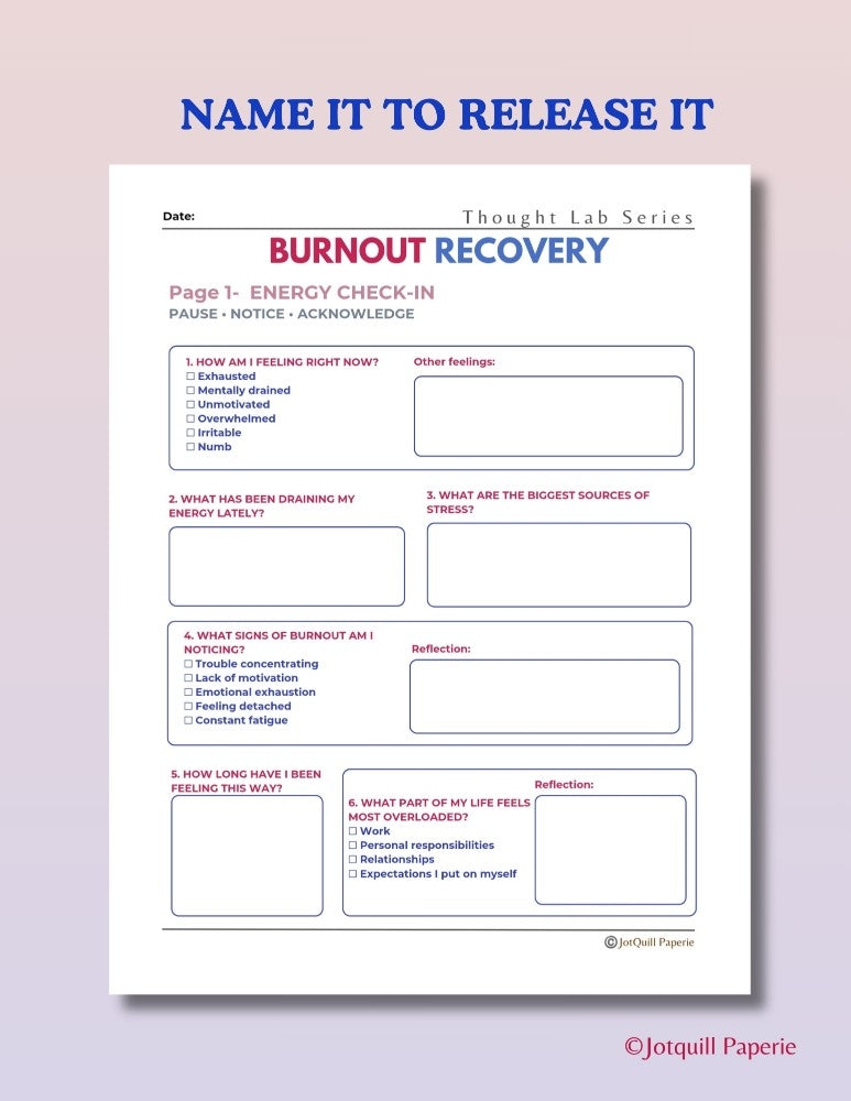 Burnout Recovery Journal Bundle | Overcome Stress, Mental Exhaustion & Reset Your Energy (3-Page Kit Printable PDF)