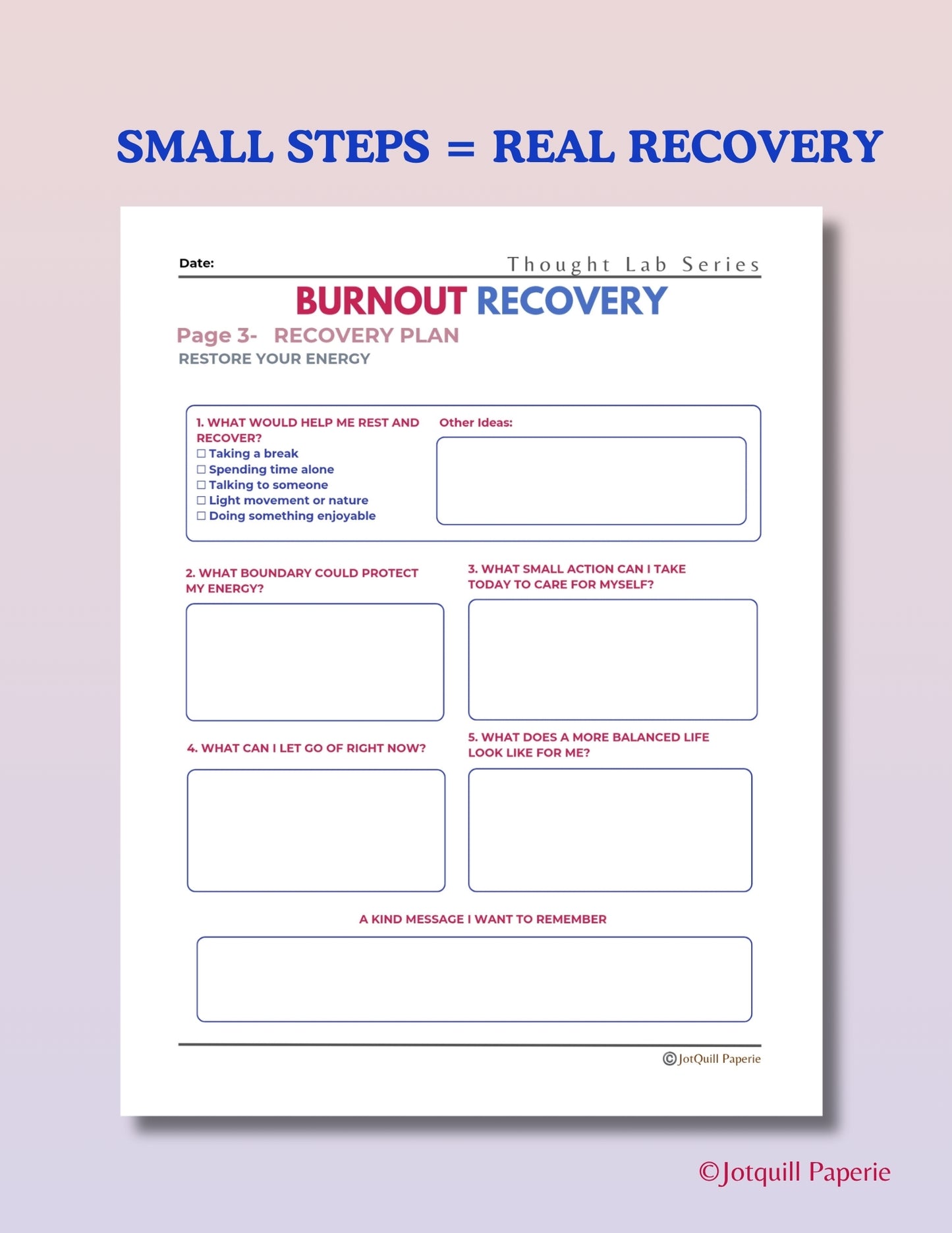 Burnout Recovery Journal Bundle | Overcome Stress, Mental Exhaustion & Reset Your Energy (3-Page Kit Printable PDF)