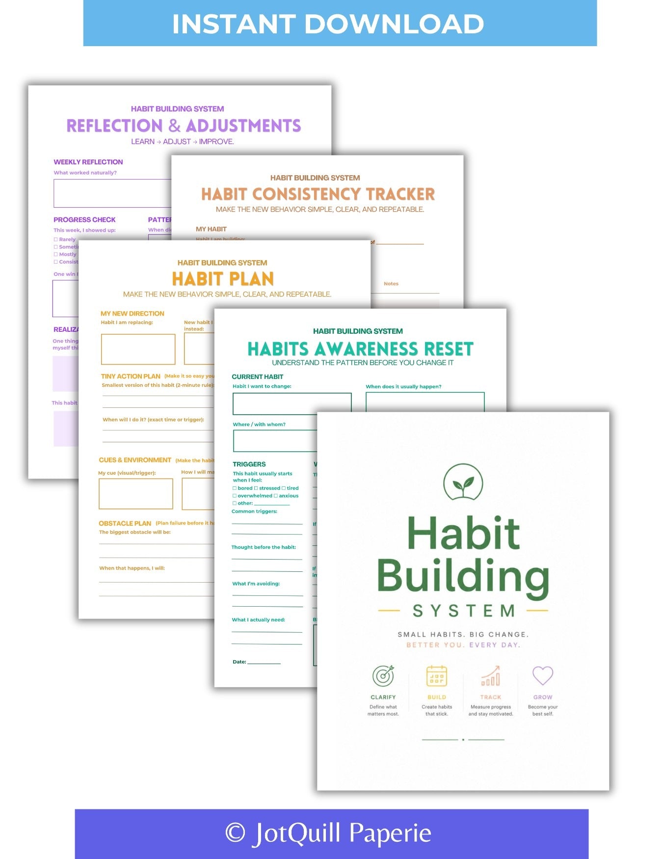 Habit Building System Printable Kit | Habit Tracker, Weekly Reflection & Goal Planning Worksheets