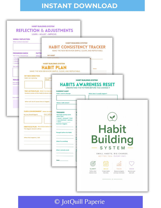 Habit Building System Printable Kit | Habit Tracker, Weekly Reflection & Goal Planning Worksheets