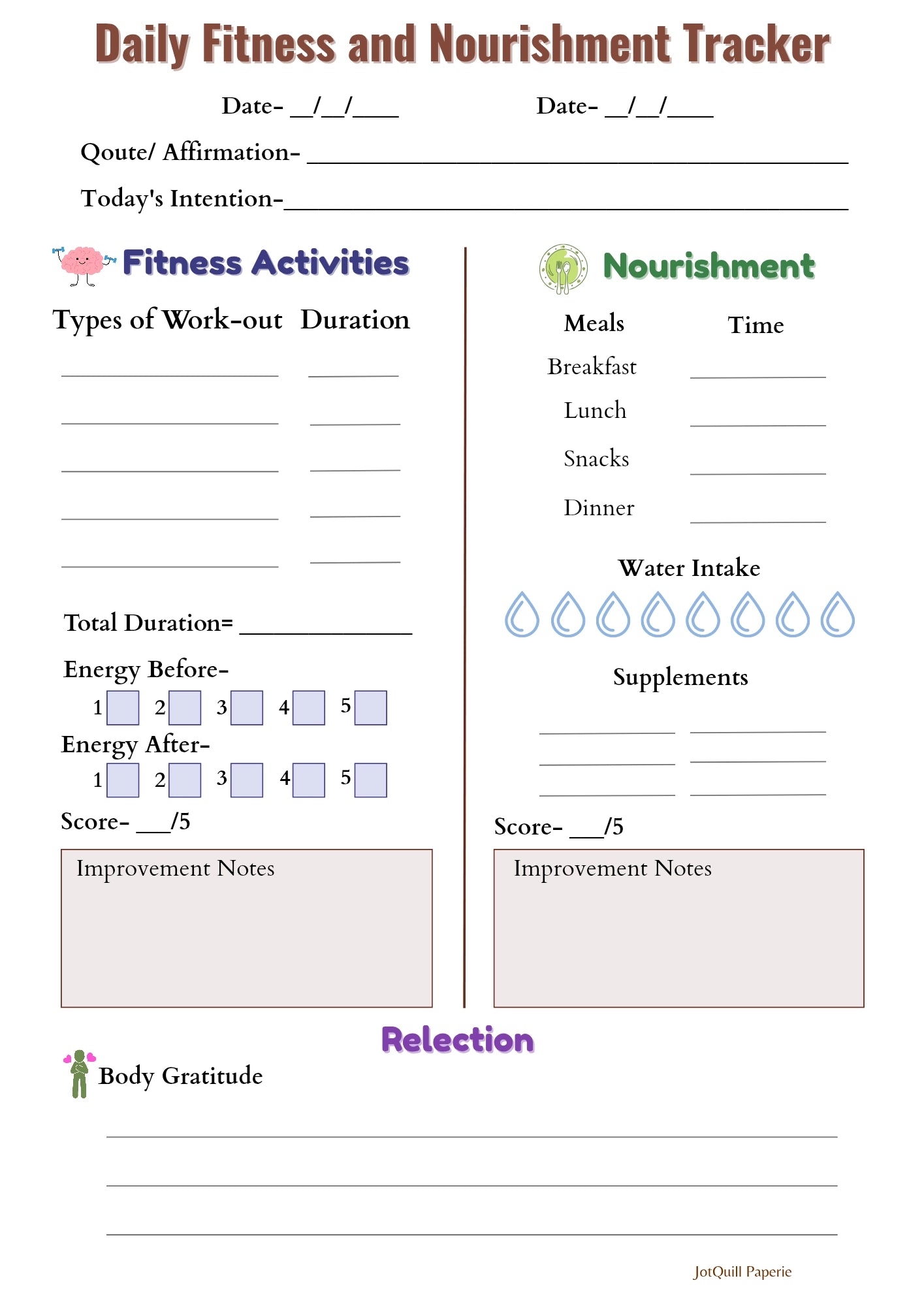 Daily Fitness & Nourishment Tracker | Wellness Printable for Healthy Body