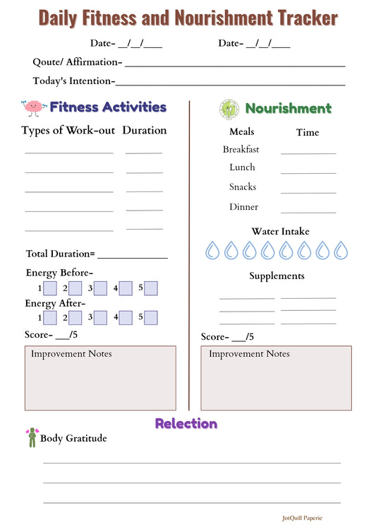 Daily Fitness & Nourishment Tracker | Wellness Printable for Healthy Body