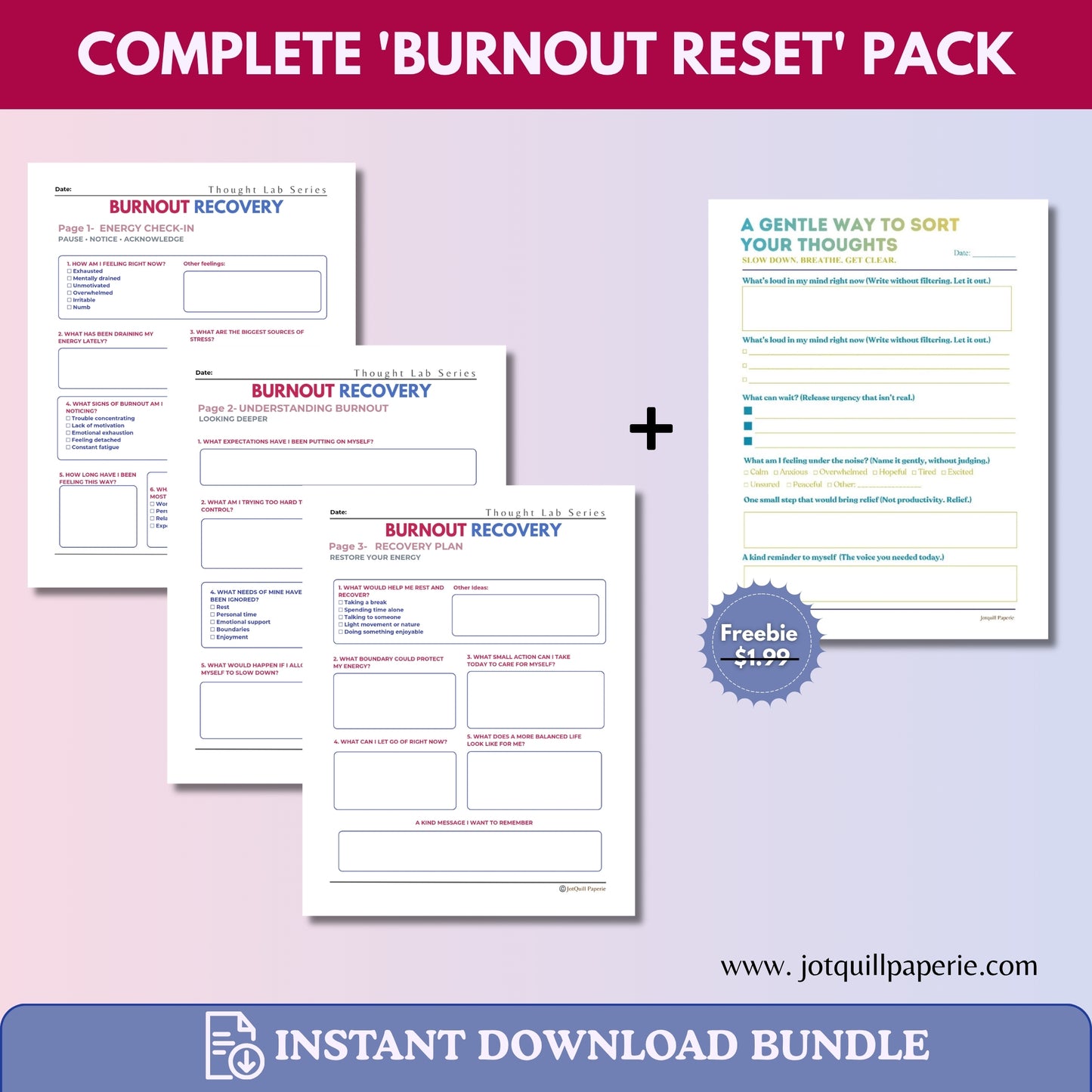 Burnout Recovery Journal Bundle | Overcome Stress, Mental Exhaustion & Reset Your Energy (3-Page Kit Printable PDF)