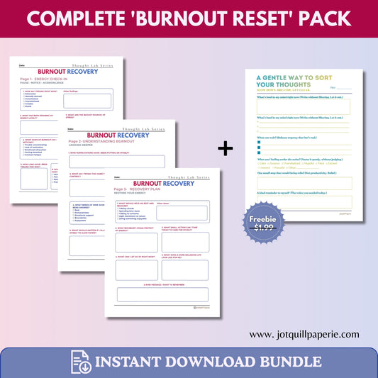 Burnout Recovery Journal Bundle | Overcome Stress, Mental Exhaustion & Reset Your Energy (3-Page Kit Printable PDF)