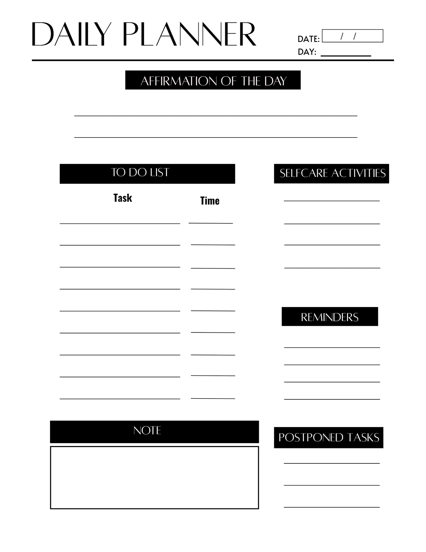 Bold Black & White Daily Planner