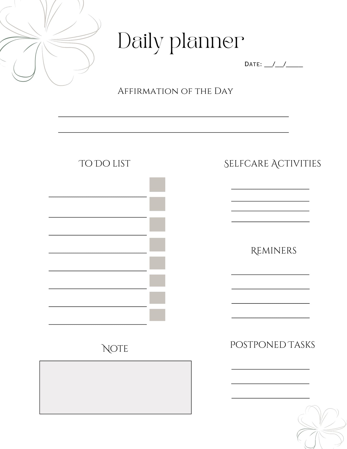 Minimal Daily Planner Printable | Affirmations, To-Do List & Self-Care Planner
