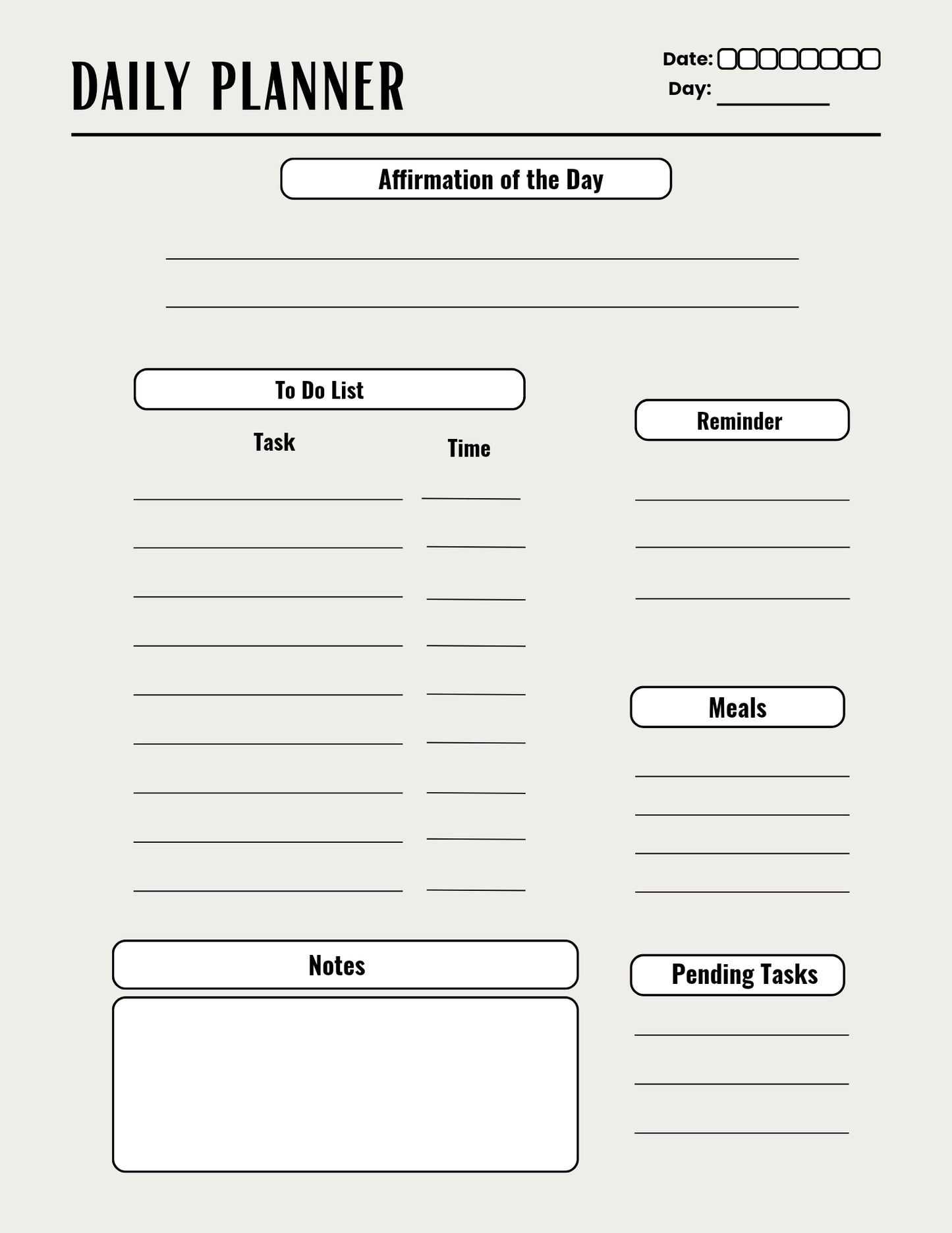 Aesthetic Daily Planner Printable | Tasks, Meals & Notes
