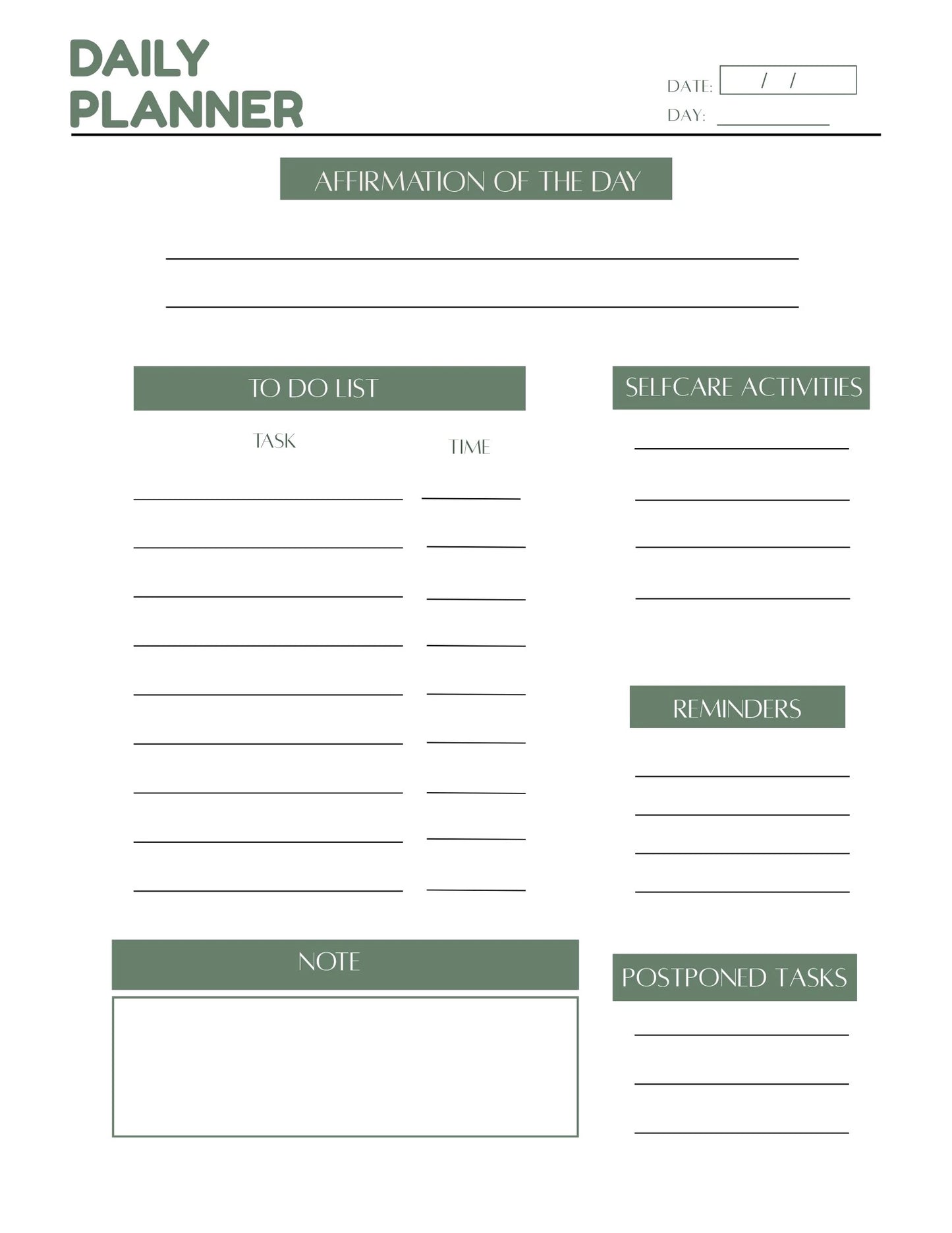 Green Minimal Daily Planner: Self-care Printable | Affirmations & Productivity