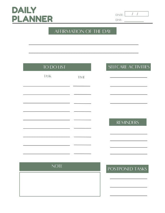 Green Minimal Daily Planner: Self-care Printable | Affirmations & Productivity