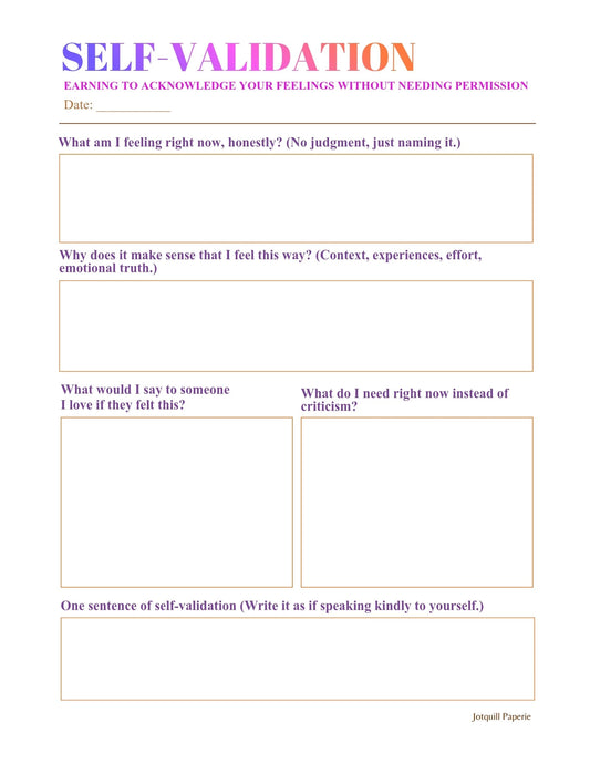 Self-Validation Worksheet – Printable Emotional Support Journal Page