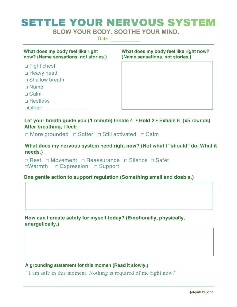 Settle Your Nervous System Worksheet Printable | Instant Calm & Emotional Regulation Journal Page
