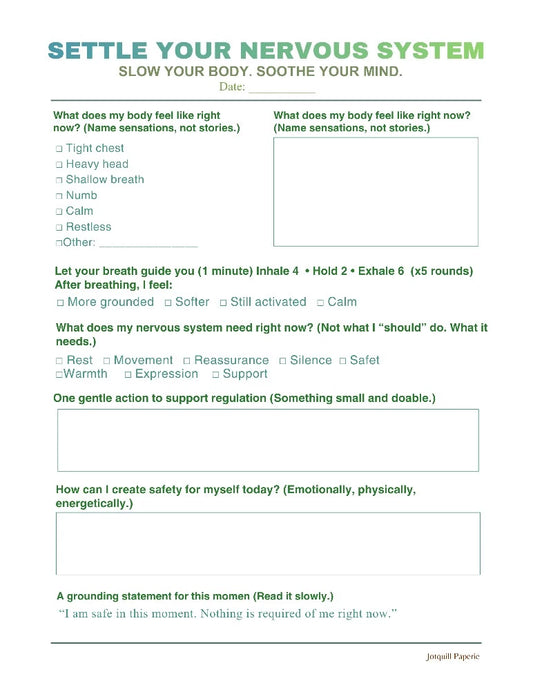 Settle Your Nervous System Worksheet Printable | Instant Calm & Emotional Regulation Journal Page