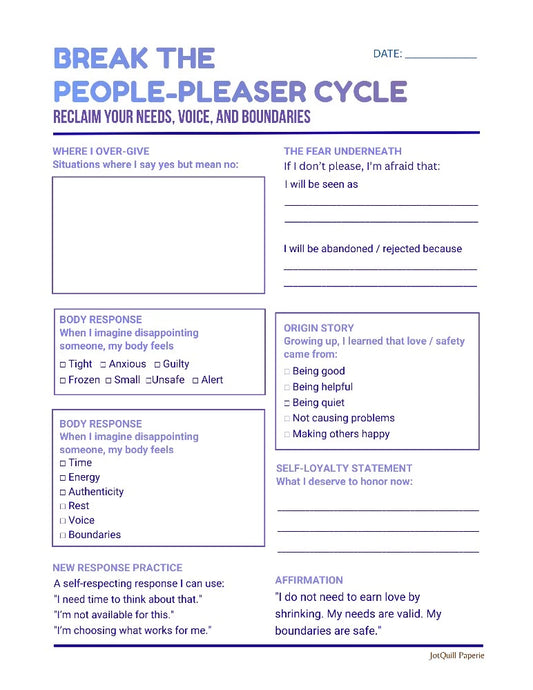 People Pleasing Recovery Worksheet Printable | Boundaries & Self-Worth Healing Tool