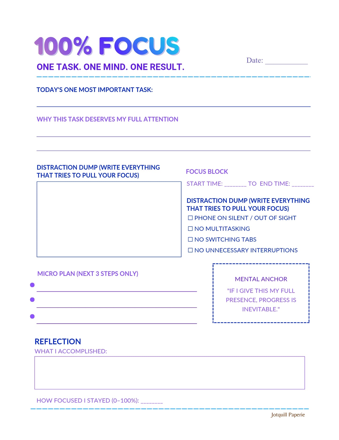 100% FOCUS – Single Task Planner