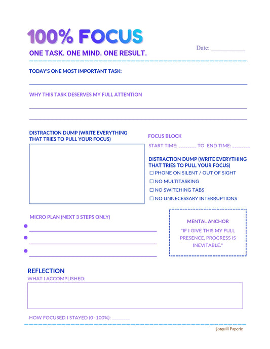 100% FOCUS – Single Task Planner