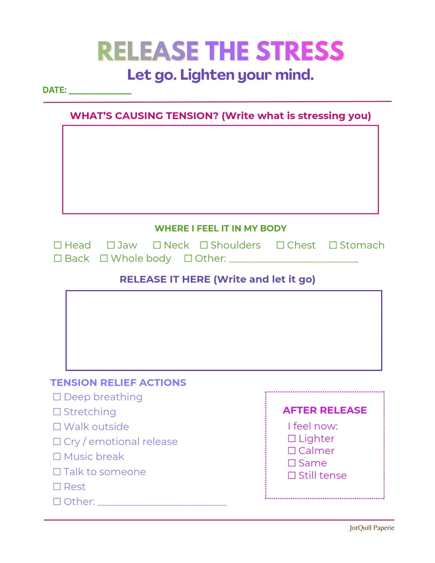 RELEASE THE STRESS – Anxiety Relief Printable