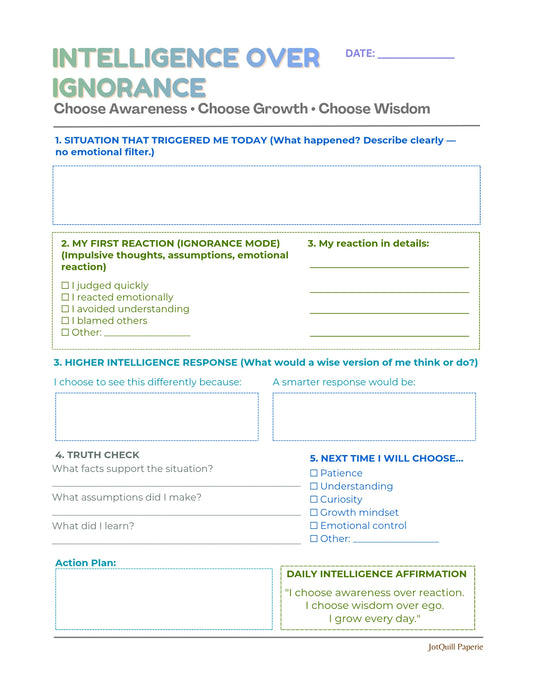 INTELLIGENCE OVER IGNORANCE – Emotional Awareness Printable