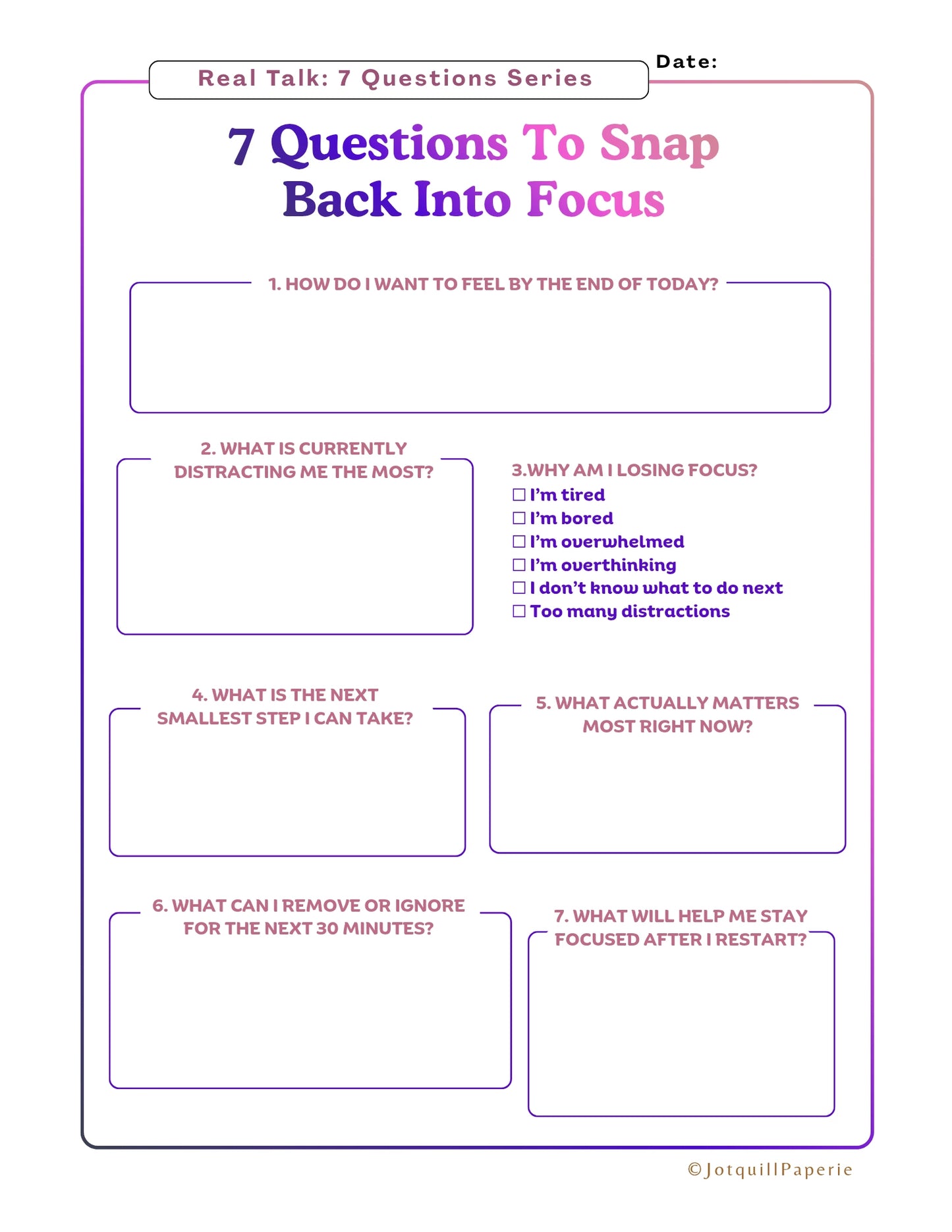7 Questions to Snap Back Into Focus Printable Worksheet