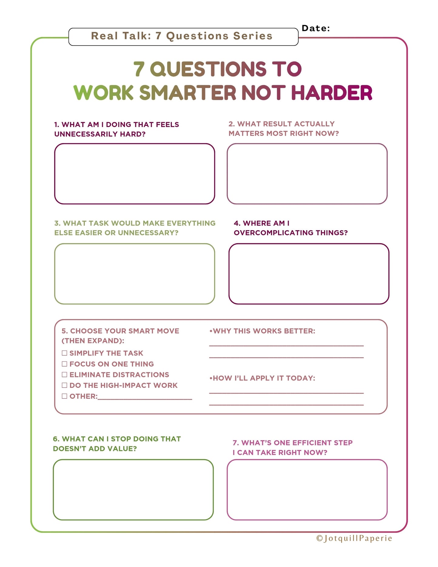 7 Questions to Work Smarter Not Harder Journal Printable