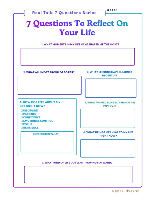 7 Questions to Reflect On Your Life Printable Worksheet | Self Reflection Journal