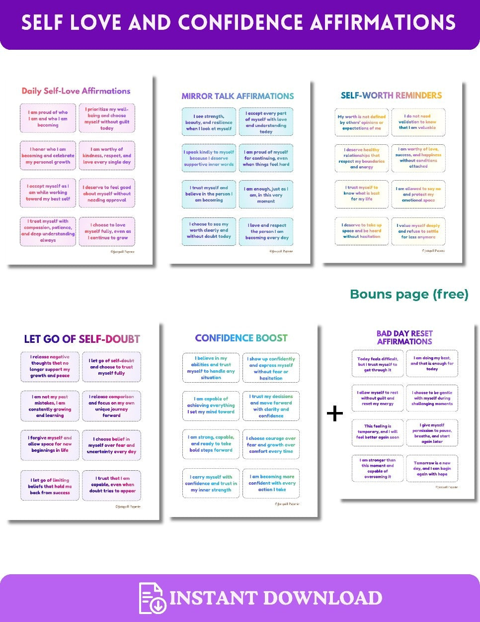 Self Love & Confidence Affirmations Printable Bundle