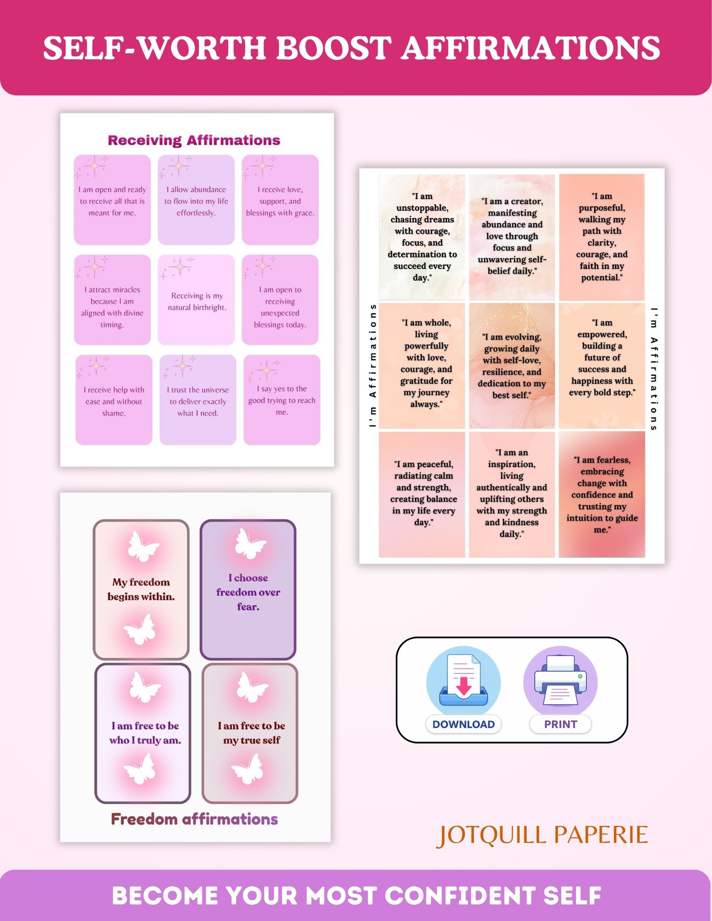 Self Worth Boost Affirmations Printable Bundle | Self Love, Confidence, Freedom & Receiving Affirmations bundle