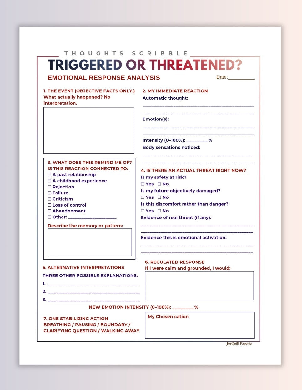 Triggered or Threatened Emotional Response Worksheet
