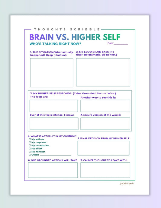 Brain vs Higher Self Worksheet | Self-Awareness Journal Page | CBT Inspired Mindset Worksheet