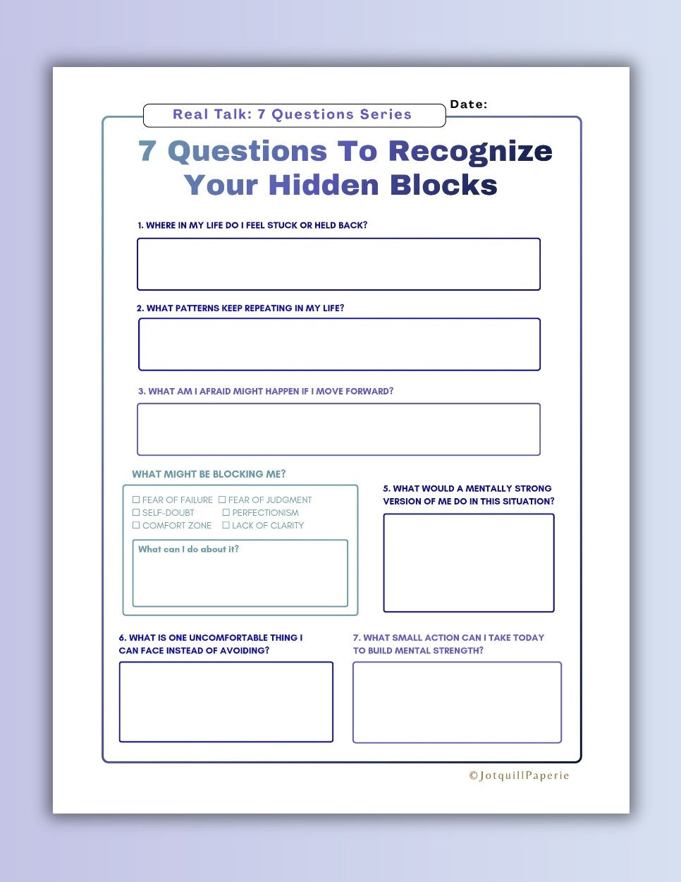 Seven Recognize Your Hidden Blocks Worksheet Printable | Overcome Self Doubt & Fear