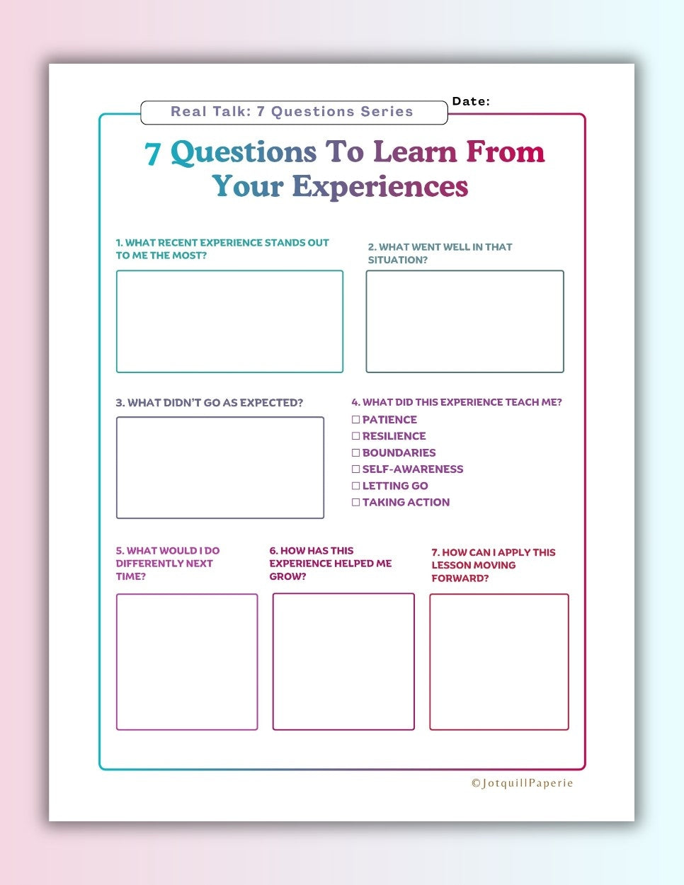 Seven Questions to Learn From Your Experiences Worksheet Printable