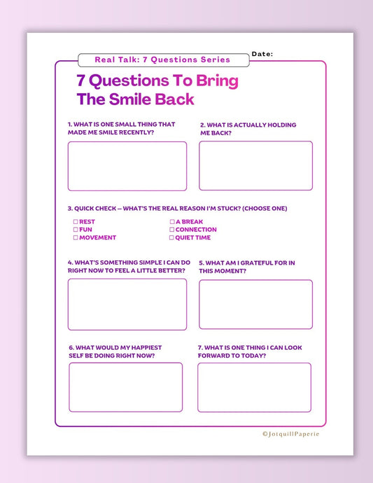 7 Questions to Bring the Smile Back Self Care Journal Printable| Mental Wellness Worksheet