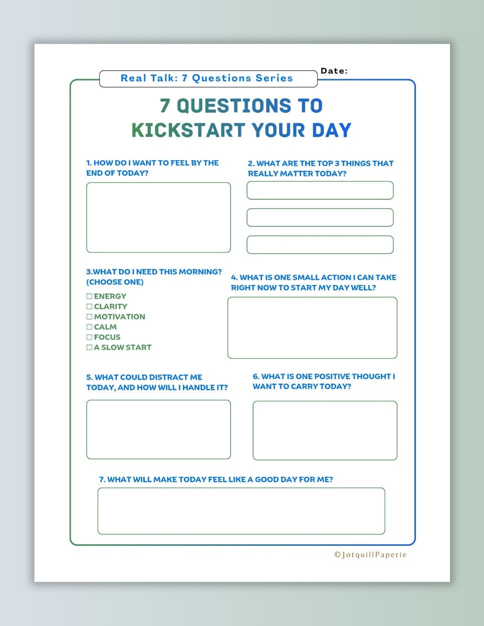 7 Questions to Kickstart Your Day- Morning Journal Printable