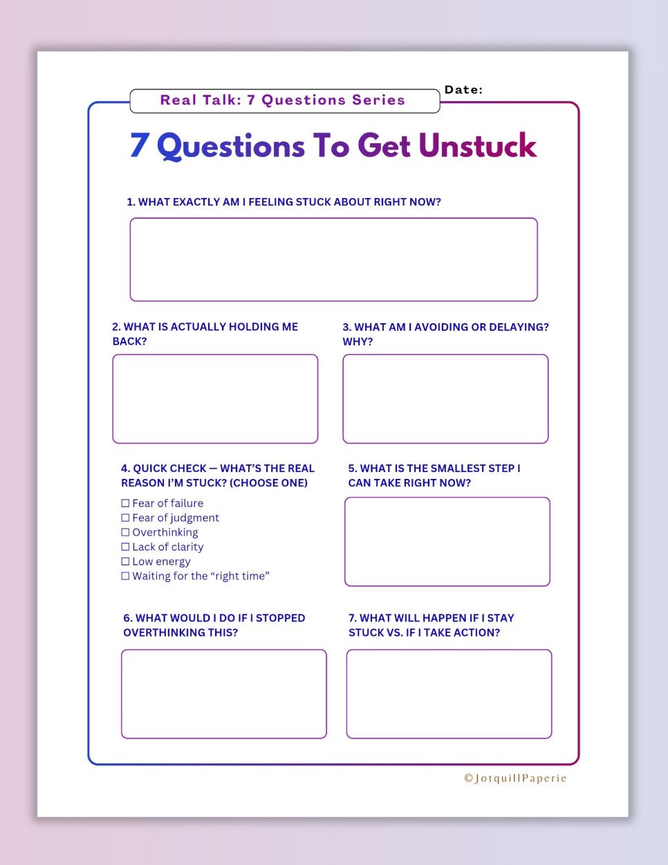 7 Questions To Get Unstuck Printable Worksheet